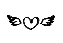 Heart With Wings. Love Symbol. Ink Hand Drawn Lettering. Grunge Vector Calligraphy. Tattoo Template
