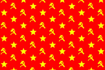 Star, sickle and hammer - yellow symbol on red background - vector pattern