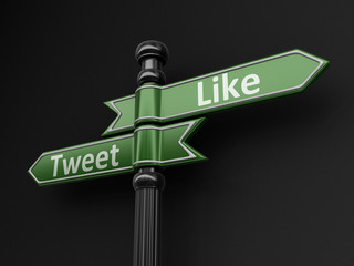 Poster - Tweet and like pointers on signpost. Image with clipping path 