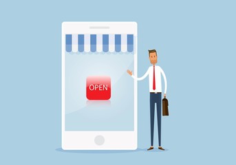 Aufkleber - flat vector open online store shopping and  business mobile commerce concept
