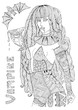 Vector hand drawn female vampire in sexy costume holding a glass of dripping blood. Halloween autumn costume party. Pattern  coloring book for adults A4 size. 