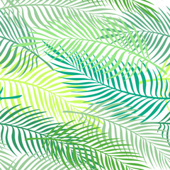  Kolorowy zielony ekologiczny wzór z liśćmi palmowymi. Motyw kwiatowy lato na tle zachodu słońca na plaży, projekt papieru do pakowania, świeży sztandar