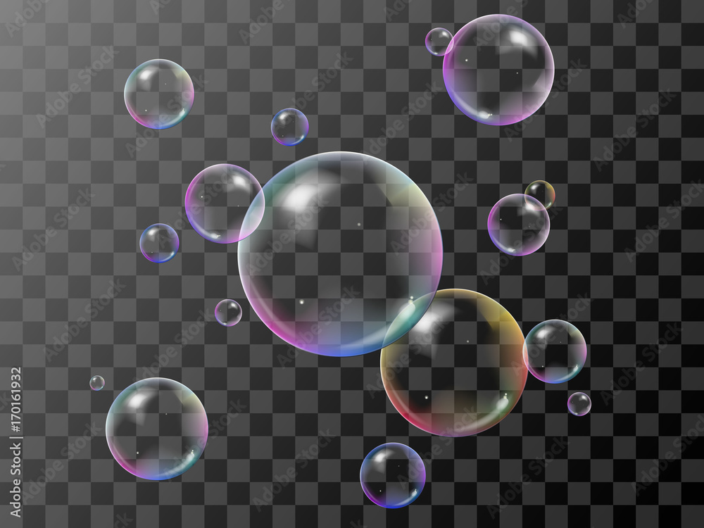 Realistic 3d soap bubbles set with rainbow reflection. Vector ...