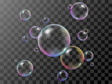 Fototapeta  - Realistic 3d soap bubbles set with rainbow reflection. Vector illustration. Transparent.