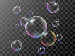 realistic 3d soap bubbles set with rainbow reflection. vector illustration. transparent.
