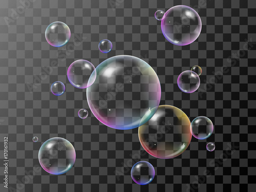 Fotomural Realistic 3d soap bubbles set with rainbow reflection