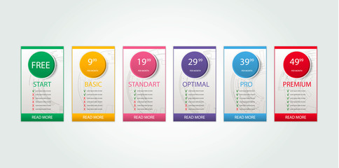Poster - Six banners. Pricelist, hosting plans and web design boxes of banners. Four banners for tariffs and price lists. Web elements. Plan the hosting. design for a web application.