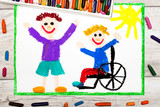 Fototapeta Młodzieżowe - Photo of colorful drawing: Smiling boy sitting on his wheelchair. Disabled boy with a friend