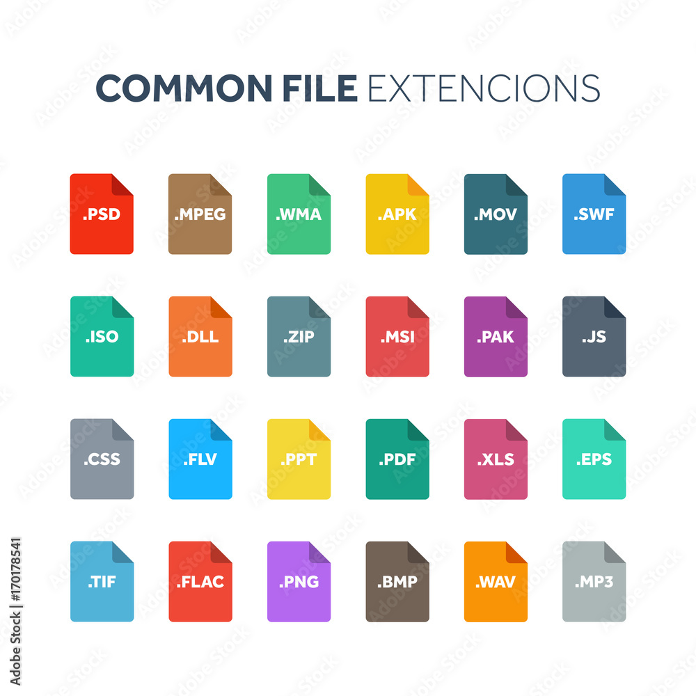 Flat style icon set. System,common file type, extencion. Document ...