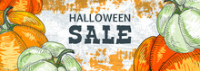 Sticker Halloween Sale With Pumpkins And Blobs In The Background. Horizontal