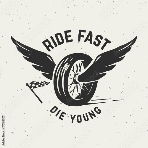 Fotografie, Obraz Ride fast die young. Hand drawn wheel with wings.