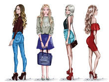 Hand Drawn Set With Beautiful Young Women In Fashion Clothes. Stylish Girls. Sketch. Vector Illustration.