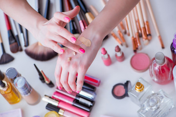 Collection of make up products displayed on the table