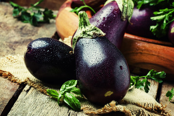 Fresh eggplants, rustic style, vintage wooden background, selective focus