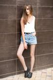Beautiful Girl Denim Shorts Tights Grid Stock Photo 704623354