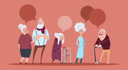 Wall Mural - Group Of Senior People With Chat Bubble Walking With Stick Modern Grandfather And Grandmother Full Length Flat Vector Illustration