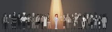 Businesswoman Leader Stand Out From Crowd Individual, Spotlight Hire Human Resource Recruitment Candidate People Group Business Team Concept Vector Illustration