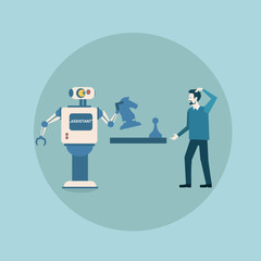 Poster - Modern Robot Playing Chess With Man Concept Futuristic Artificial Intelligence Mechanism Technology Flat Vector Illustration