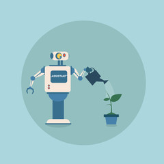 Poster - Modern Robot Watering Plant Futuristic Artificial Intelligence Mechanism Housekeeping Technology Flat Vector Illustration