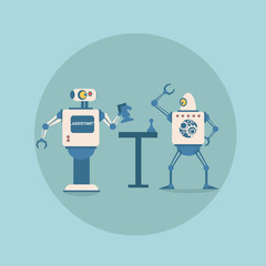 Poster - Modern Robots Playing Chess Futuristic Artificial Intelligence Mechanism Technology Flat Vector Illustration