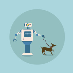 Poster - Modern Robot Walking With Dog Futuristic Artificial Intelligence Mechanism Technology Flat Vector Illustration