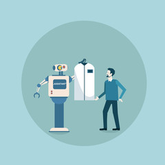 Poster - Modern Robot Giving Clothes To Man Futuristic Artificial Intelligence Mechanism Housekeeping Technology Flat Vector Illustration