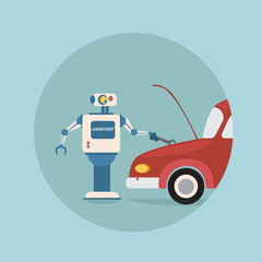Poster - Modern Robot Repair Car Futuristic Artificial Intelligence Mechanism Technology Flat Vector Illustration