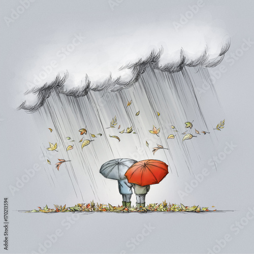 zwei personen mit regenschirm im herbstwetter ilustración