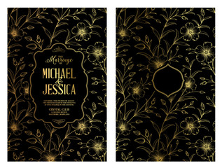 The marriage invitation card design for Michael and Jessica. Dark invitation with handmade floral elements in golden style. Botanical Wedding Collection. Vector illustration.