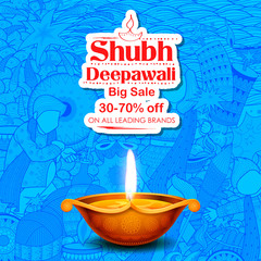 Sticker - Burning diya on Shubh Deepawali meaning Happy Diwali Holiday Sale promotion advertisement background for light festival of India