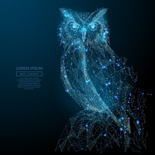Owl Isolated From Low Poly Wireframe On Dark Background. Wild Bird Of Prey. Vector Polygonal Image In The Form Of A Starry Sky Or Space, Consisting Of Points, Lines, And Shapes In The Form Of Stars