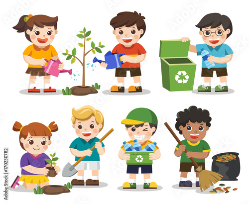 Set of A cute kids. Save Earth. Waste recycling. Kids planted and ...