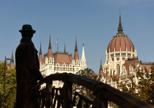 Statue Of Imre Nagy And Parliament Building In Budapest, Hungari