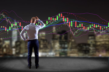 Poster - man in front of a wall writing on a stock exchange interface - tradex concept