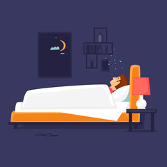 Man is sleeping in bed. Flat design vector illustration.