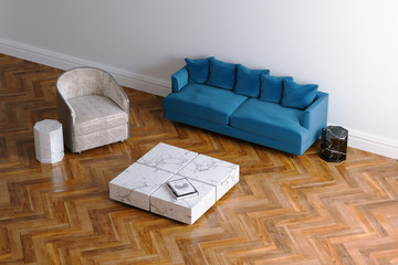 Wall Mural - New white living room interior with navy blue minimalistic sofa on wood floor parquet 3d render version 9