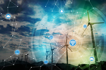 Fototapete - renewable energy and communication network concept. abstract mixed media.