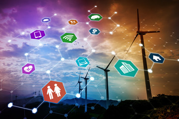 Fototapete - renewable energy and communication network concept. abstract mixed media.