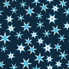 Wall Mural - Seamless pattern with abstract colorful snowflakes on dark blue background. Chaotic, random, scattered winter motives. Vector illustration.