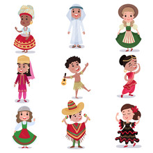 Kids In Traditional Clothes Of Different Countries Set, Cute Boys And Girls In National Costumes Colorful Vector Illustrations