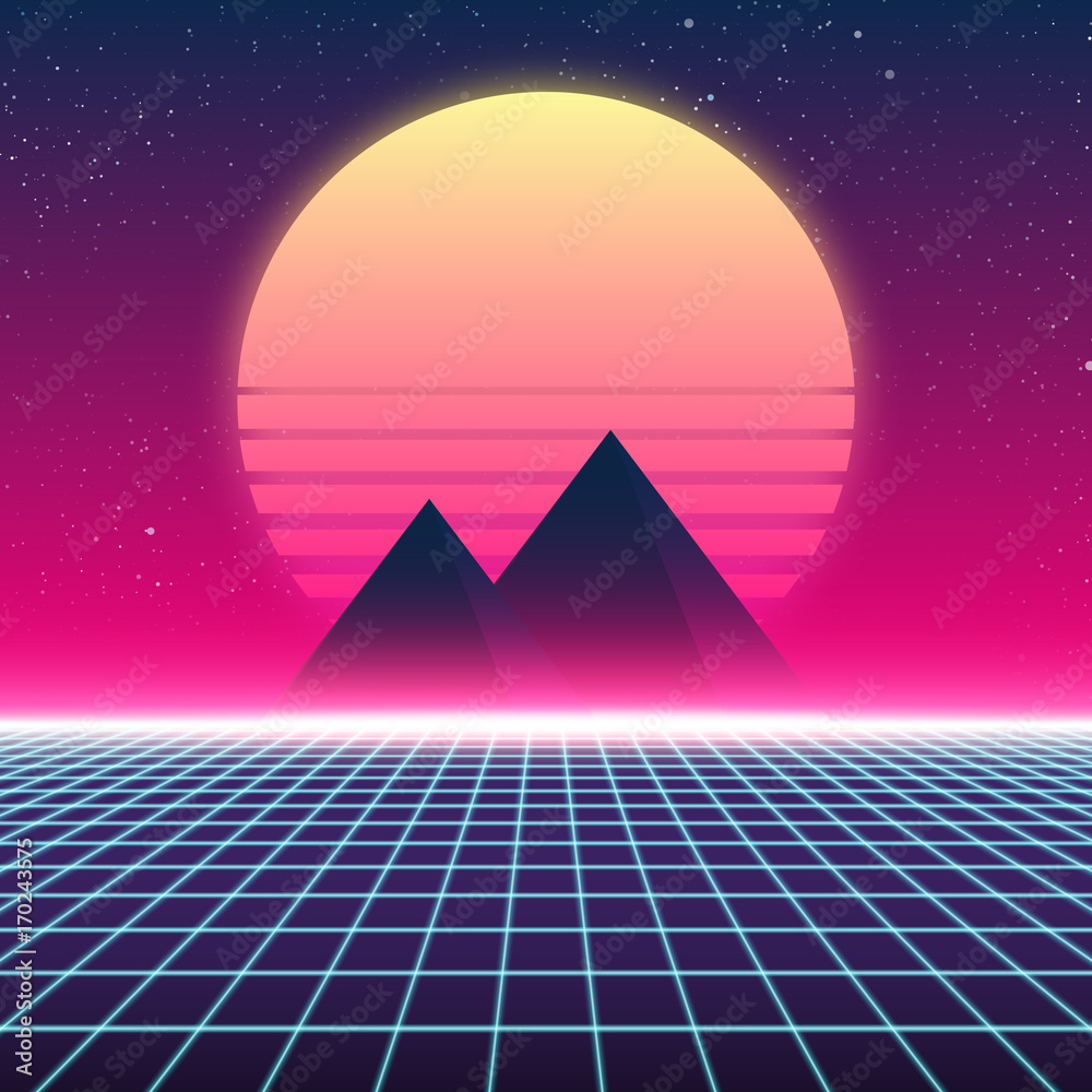 Synthwave retro design, Pyramids and sun, vector illustration Stock ...