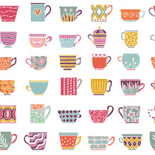 Cups seamless pattern. Vector background with cups and mugs