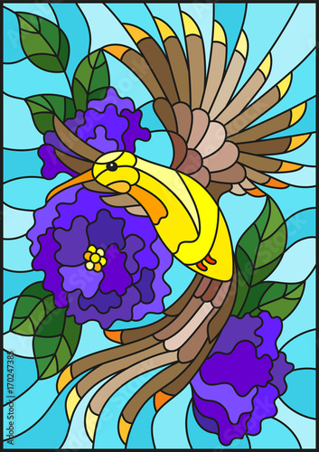 ilustracja-w-stylu-witrazu-z-pieknym-jasnym-ptakiem-i-oddzial-kwitnacej-rosliny