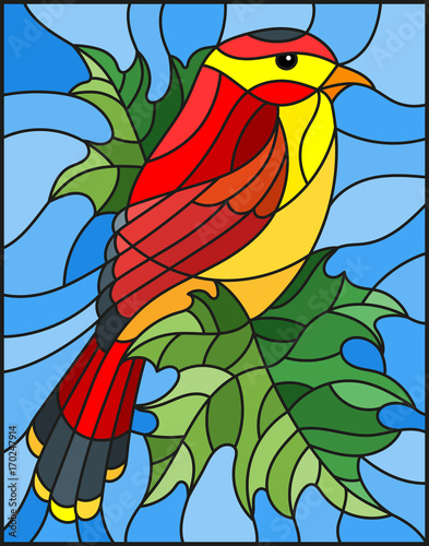 ilustracja-w-stylu-witrazu-z-pieknym-czerwonym-ptakiem-na-tle-galaz-klonowy