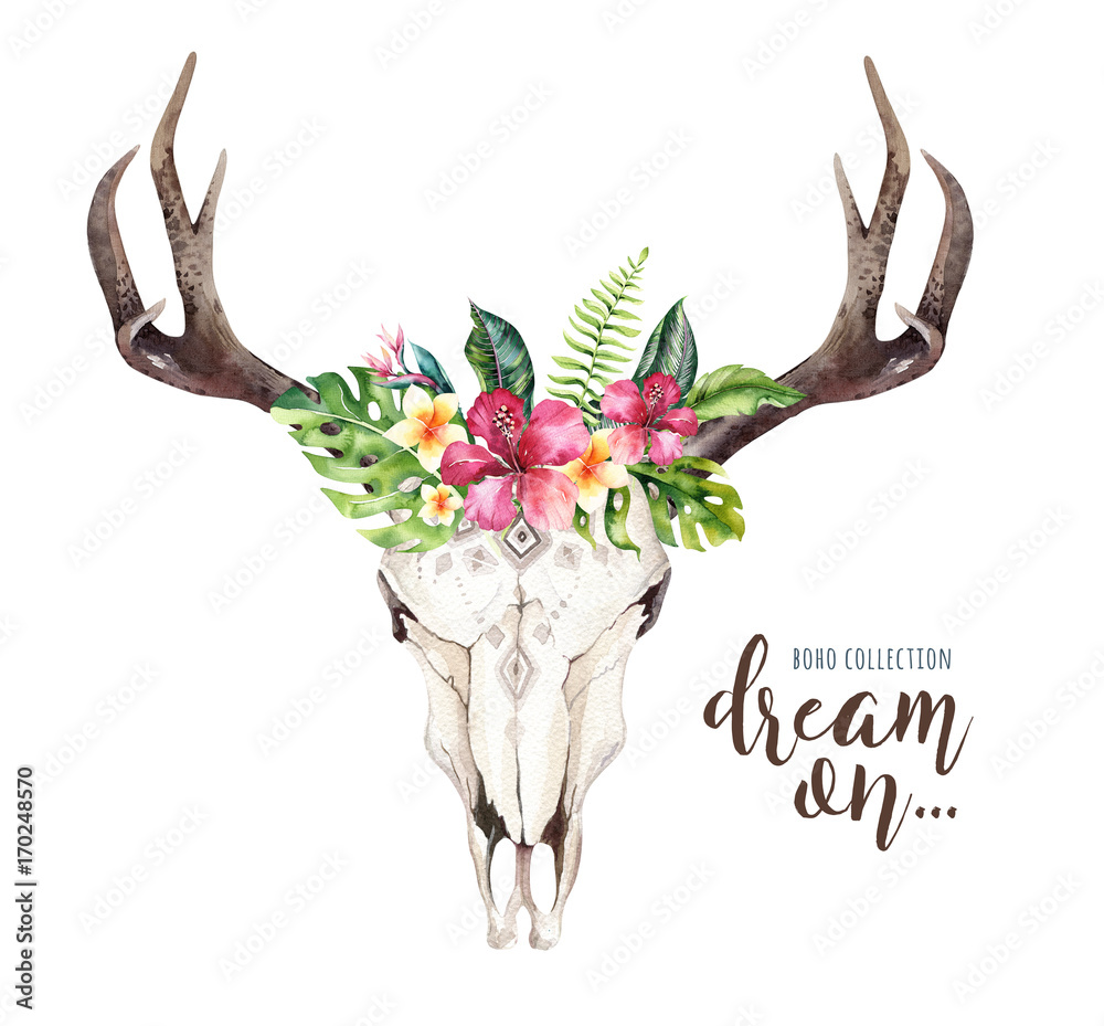 Watercolor bohemian cow skull and tropic palm leaves. Western deer ...