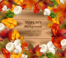 Wall Mural - Autumn leaves on wood background. Realistic Vector illustration