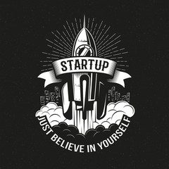 Wall Mural - startup vintage logo with a rocket taking off over the city on a black background. vector illustrati