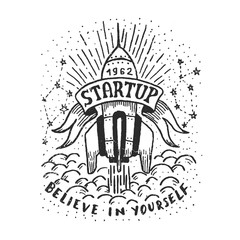 Wall Mural - hand-drawn logo with a flying rocket. startup careless emblem.