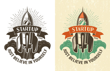 Wall Mural - retro logo with a rising rocket - color and black and white options. vector startup emblem. worn tex