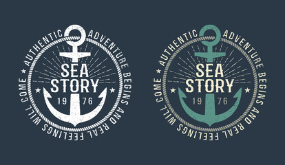 Wall Mural - marine round retro emblem in hipster style with anchor and inscriptions. monochrome and color versio